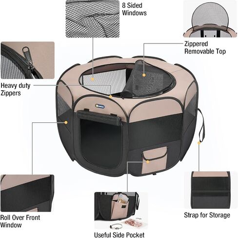 Veehoo Portable Puppy Playpen - Foldable Dog Playpen Indoor with Removable Zipper Top, Pop Up Outdoor Cat Playpen Pet Playpen with Carrying Case, Black in Kuwait