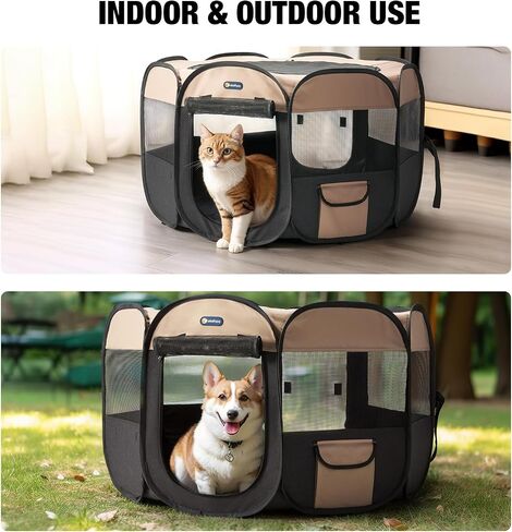 Veehoo Portable Puppy Playpen - Foldable Dog Playpen Indoor with Removable Zipper Top, Pop Up Outdoor Cat Playpen Pet Playpen with Carrying Case, Black in Kuwait