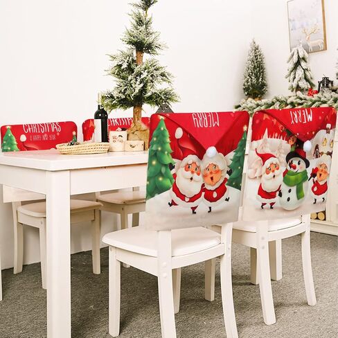 Christmas Chair Covers Set of 4 Merry Christmas Dining Room Chair Back Slipcovers Santa Claus Snowman Xmas Chair Covers for Christmas Holiday Home Decor in Kuwait