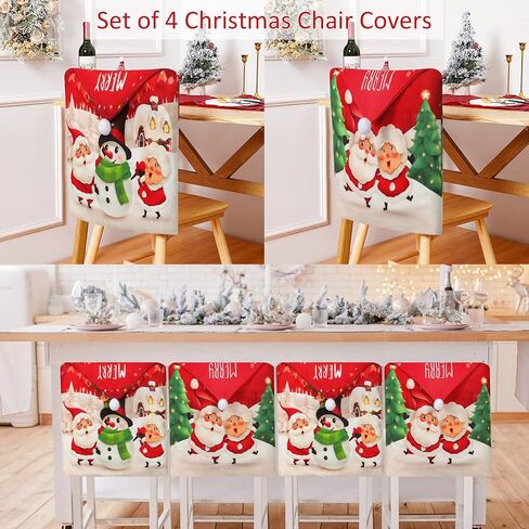 Christmas Chair Covers Set of 4 Merry Christmas Dining Room Chair Back Slipcovers Santa Claus Snowman Xmas Chair Covers for Christmas Holiday Home Decor in Kuwait