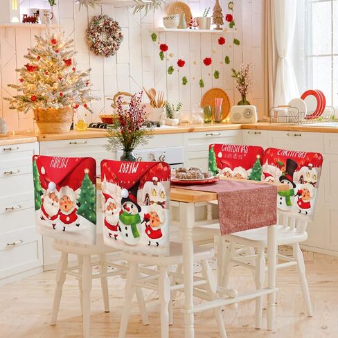 Christmas Chair Covers Set of 4 Merry Christmas Dining Room Chair Back Slipcovers Santa Claus Snowman Xmas Chair Covers for Christmas Holiday Home Decor in Kuwait