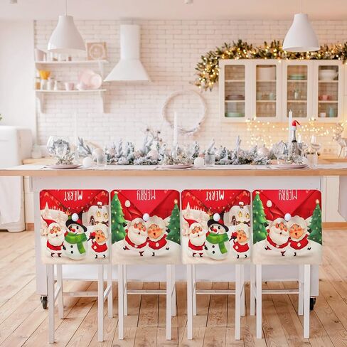 Christmas Chair Covers Set of 4 Merry Christmas Dining Room Chair Back Slipcovers Santa Claus Snowman Xmas Chair Covers for Christmas Holiday Home Decor in Kuwait
