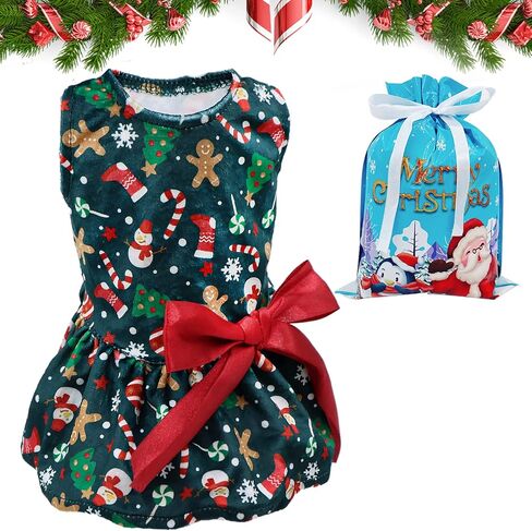 DK177 Dogs Dresses Lightweight Velvet Christmas Pet Clothes, Puppy Dress Doggie Party Girl One Piece with Bowknot Cat Apparel Holiday Puppy Cat Costume New Year Gift for Small Medium Dogs (Green) in Kuwait