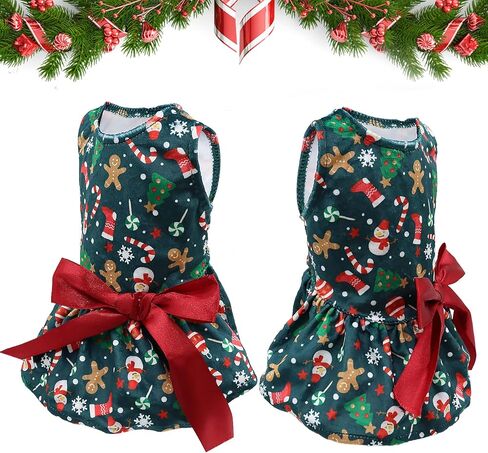 DK177 Dogs Dresses Lightweight Velvet Christmas Pet Clothes, Puppy Dress Doggie Party Girl One Piece with Bowknot Cat Apparel Holiday Puppy Cat Costume New Year Gift for Small Medium Dogs (Green) in Kuwait