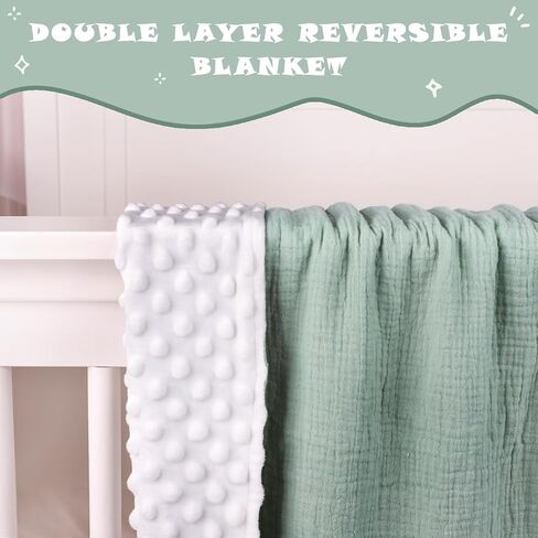 بطانيات أطفال من Hooyax Muslin، بطانية حضانة فائقة النعومة للأولاد والبنات، تصميم بطبقة مزدوجة، واجهة قطنية وظهر منقط، بطانيات دافئة لاستقبال القماط لحديثي الولادة، 30 بوصة × 40 بوصة أخضر in Kuwait