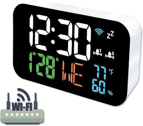 JXJHOVV Digital Clock Alarm Clock WiFi Clock with Temperature Humidity,Calendar,Week,Accurate time,Snooze,12/24 H,Clock for Living Room,Office,Adults,4 Level of Brightness,Bedroom Clock White in Saudi Arabia