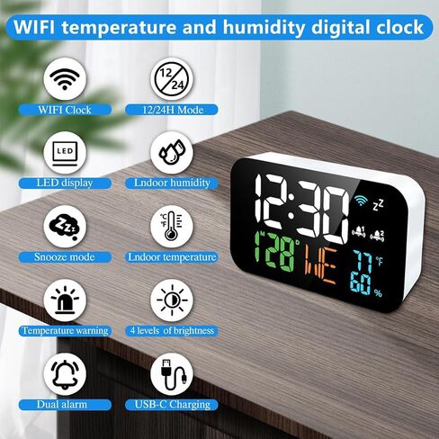 JXJHOVV Digital Clock Alarm Clock WiFi Clock with Temperature Humidity,Calendar,Week,Accurate time,Snooze,12/24 H,Clock for Living Room,Office,Adults,4 Level of Brightness,Bedroom Clock White in Saudi Arabia