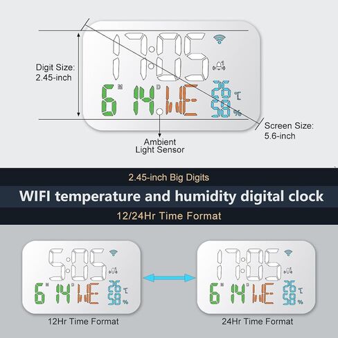 JXJHOVV Digital Clock Alarm Clock WiFi Clock with Temperature Humidity,Calendar,Week,Accurate time,Snooze,12/24 H,Clock for Living Room,Office,Adults,4 Level of Brightness,Bedroom Clock White in Saudi Arabia