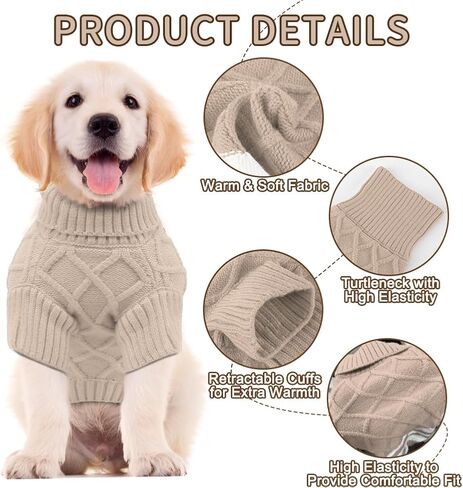 EMUST Dog Sweater, Elastic Large Dog Sweater with Sleeves, Soft Dog Turtleneck Sweater for French Bulldog, Dachshunds, Pitbull, Khaki XL in Kuwait