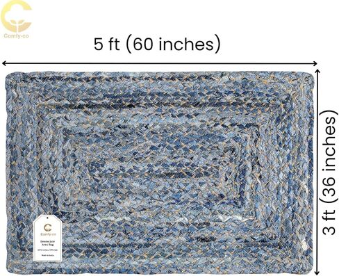 سجادة منطقة مريحة من قماش الجوت الدنيم المضفر مقاس 3x5 قدم - سجادة منسوجة يدويًا لبيت المزرعة - سجادة مضادة للانزلاق لغرفة النوم وغرفة المعيشة والمطبخ والمدخل والمدخل - سجادة منطقة مضفرة من قماش الدنيم الجوت in Kuwait