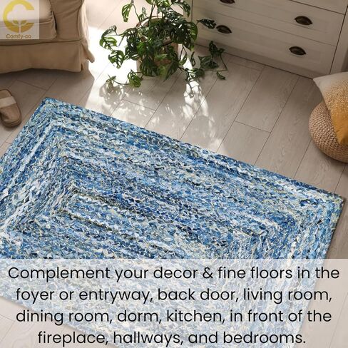 سجادة منطقة مريحة من قماش الجوت الدنيم المضفر مقاس 3x5 قدم - سجادة منسوجة يدويًا لبيت المزرعة - سجادة مضادة للانزلاق لغرفة النوم وغرفة المعيشة والمطبخ والمدخل والمدخل - سجادة منطقة مضفرة من قماش الدنيم الجوت in Kuwait