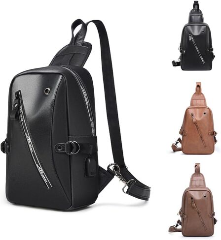Sling Bag for Men Women Crossbody Leather Backpack,Shoulder bag Daypack for Travel Sports USB Charger Port in Saudi Arabia