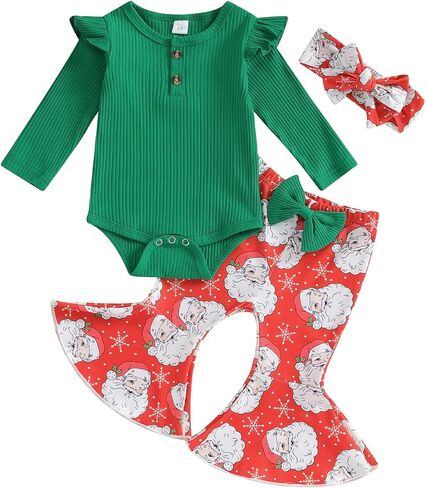 Ledy Champswiin Newborn Baby Girl Christmas Outfits 3 6 12 18 Months Romper + Bell-bottoms + Headband Infant Girl Clothes Set in Saudi Arabia