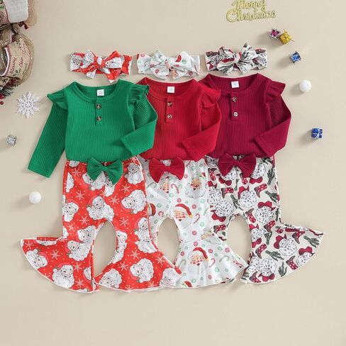 Ledy Champswiin Newborn Baby Girl Christmas Outfits 3 6 12 18 Months Romper + Bell-bottoms + Headband Infant Girl Clothes Set in Saudi Arabia