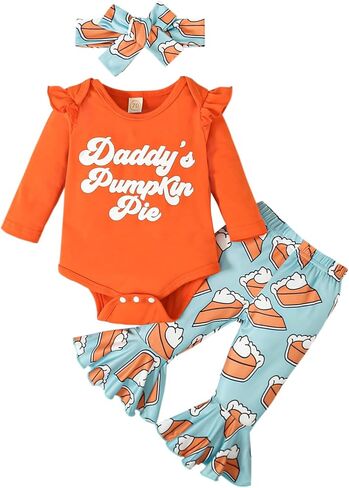 Baby Girl Thanksgiving Outfit Pumpkin Pie Romper+Flare Pants Newborn Girl Turkey Day Clothes 0-18 Months in Saudi Arabia