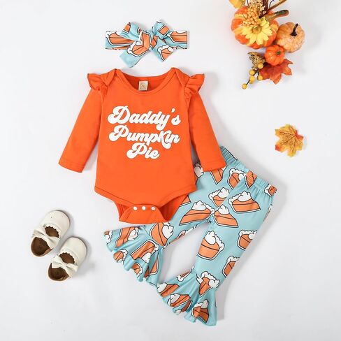 Baby Girl Thanksgiving Outfit Pumpkin Pie Romper+Flare Pants Newborn Girl Turkey Day Clothes 0-18 Months in Saudi Arabia