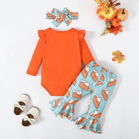 Baby Girl Thanksgiving Outfit Pumpkin Pie Romper+Flare Pants Newborn Girl Turkey Day Clothes 0-18 Months in Saudi Arabia
