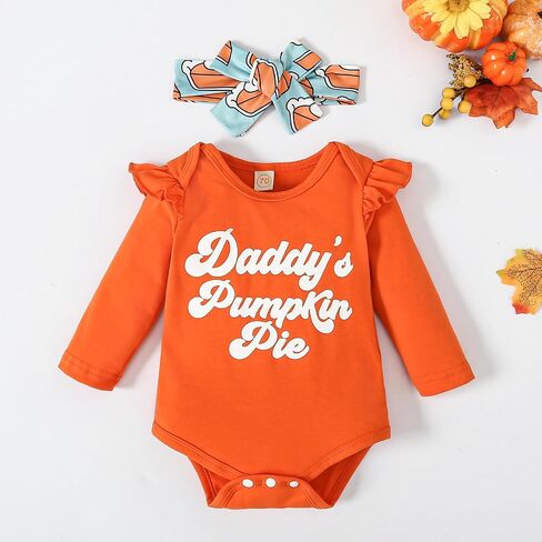 Baby Girl Thanksgiving Outfit Pumpkin Pie Romper+Flare Pants Newborn Girl Turkey Day Clothes 0-18 Months in Saudi Arabia