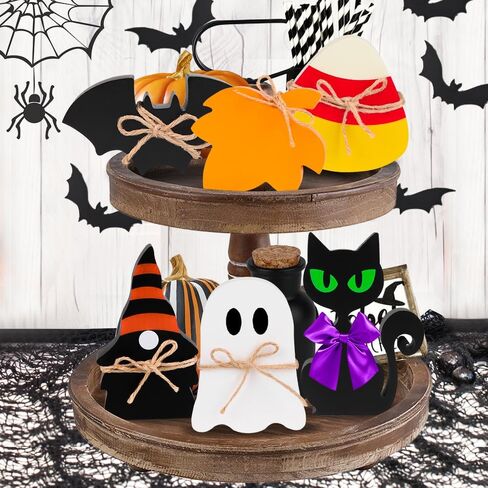 زخارف صينية متدرجة من JOICEE للهالوين، 6 قطع لافتة طاولة خشبية للهالوين، لافتة طاولة خشبية على شكل قطة سوداء شبح بات كاندي الذرة، رف طاولة قائم بذاته، لافتات ريفية لديكور المنزل الداخلي للهالوين. in Kuwait