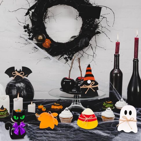 زخارف صينية متدرجة من JOICEE للهالوين، 6 قطع لافتة طاولة خشبية للهالوين، لافتة طاولة خشبية على شكل قطة سوداء شبح بات كاندي الذرة، رف طاولة قائم بذاته، لافتات ريفية لديكور المنزل الداخلي للهالوين. in Kuwait