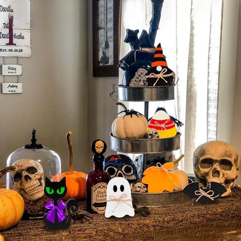 زخارف صينية متدرجة من JOICEE للهالوين، 6 قطع لافتة طاولة خشبية للهالوين، لافتة طاولة خشبية على شكل قطة سوداء شبح بات كاندي الذرة، رف طاولة قائم بذاته، لافتات ريفية لديكور المنزل الداخلي للهالوين. in Kuwait