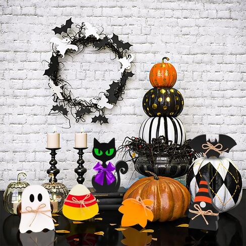 زخارف صينية متدرجة من JOICEE للهالوين، 6 قطع لافتة طاولة خشبية للهالوين، لافتة طاولة خشبية على شكل قطة سوداء شبح بات كاندي الذرة، رف طاولة قائم بذاته، لافتات ريفية لديكور المنزل الداخلي للهالوين. in Kuwait