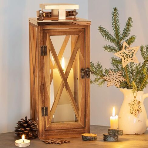 XRKITE Wooden Candle Lantern Decorative, Patio Decor with Stainless Top and Glass, Hurricane Lantern Holder Decor for Indoor Outdoor, Home, Garden, Wedding in Saudi Arabia