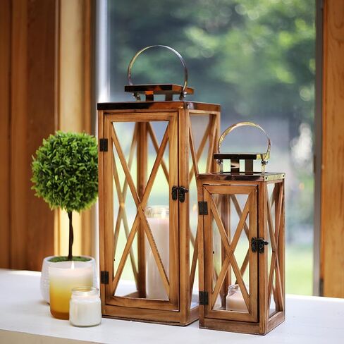 XRKITE Wooden Candle Lantern Decorative, Patio Decor with Stainless Top and Glass, Hurricane Lantern Holder Decor for Indoor Outdoor, Home, Garden, Wedding in Saudi Arabia