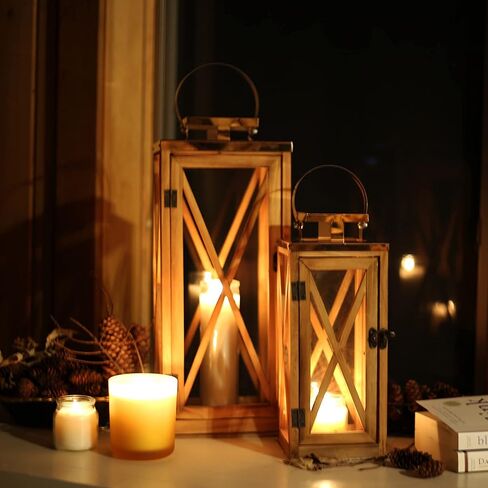 XRKITE Wooden Candle Lantern Decorative, Patio Decor with Stainless Top and Glass, Hurricane Lantern Holder Decor for Indoor Outdoor, Home, Garden, Wedding in Saudi Arabia