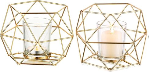 Hewory Geometric Tealight Candle Holders Gold, Modern Metal Geo Wedding Centerpieces for Table, Votive Candle Stand Accent for Tea Light for Home Shelf Mantel Christmas Birthday Party Decor, 2pcs in Saudi Arabia
