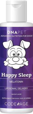 قطرات سائلة من الميلاتونين من DNA PET Happy Sleep، تركيبة مهدئة من فيتامين E، مكمل للعناية بالكلاب من بروتين مصل اللبن، مركب الفوسفوليبيد والفوسفاتيديل كولين، نكهة لحم الخنزير المقدد المدخن، خالي من السكر، غير معدل وراثيًا، 7.6 أونصة سائلة in Kuwait