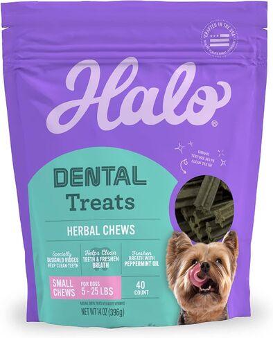 Halo Herbal Dental Treats, Natural, Dental Health, for Small Dogs 5 to 25 lbs, 14-OZ Pouch, (40 count) in Saudi Arabia