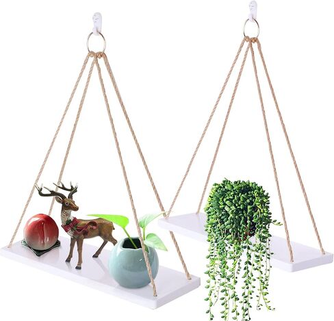 WoodLiving Boho Wall Hanging Shelves- Wood Hanging Shelf for Wall, Wall Mounted Plant Shelve Set of 2 - Farmhouse Rustic Floating Shelving - Used for Bedroom, Entryway Wall Decor in Saudi Arabia