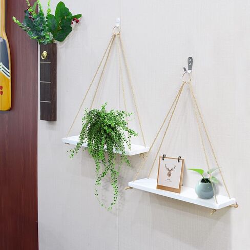 WoodLiving Boho Wall Hanging Shelves- Wood Hanging Shelf for Wall, Wall Mounted Plant Shelve Set of 2 - Farmhouse Rustic Floating Shelving - Used for Bedroom, Entryway Wall Decor in Saudi Arabia