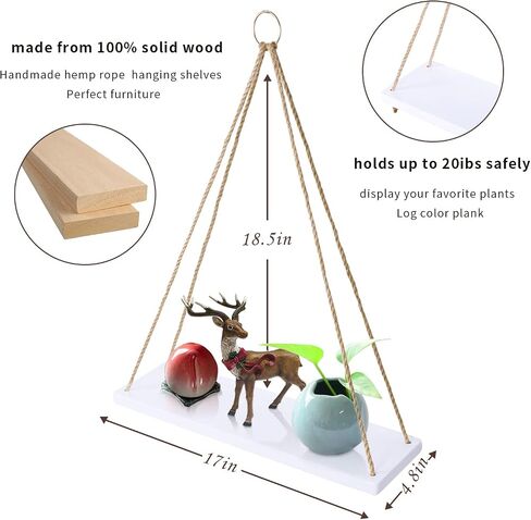 WoodLiving Boho Wall Hanging Shelves- Wood Hanging Shelf for Wall, Wall Mounted Plant Shelve Set of 2 - Farmhouse Rustic Floating Shelving - Used for Bedroom, Entryway Wall Decor in Saudi Arabia