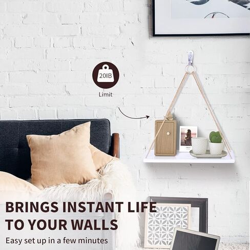 WoodLiving Boho Wall Hanging Shelves- Wood Hanging Shelf for Wall, Wall Mounted Plant Shelve Set of 2 - Farmhouse Rustic Floating Shelving - Used for Bedroom, Entryway Wall Decor in Saudi Arabia