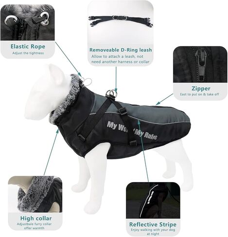 Etdane Dog Winter Coat Waterproof Pet Snow Jacket Reflective Doggy Puffer Vest with Harness Adjustable Furry Collar for Hiking Outdoor Gray/6XL in Kuwait