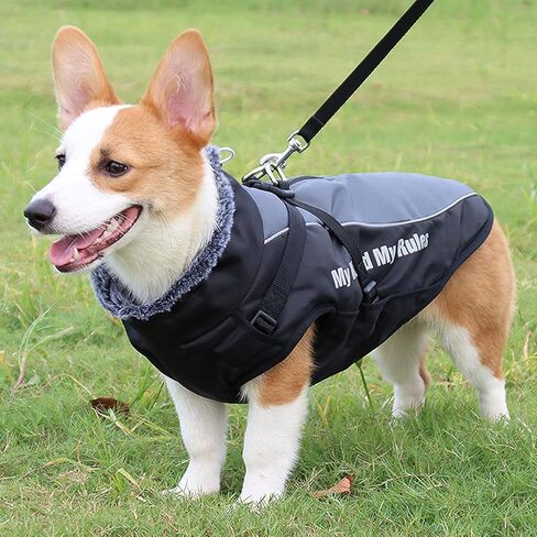 Etdane Dog Winter Coat Waterproof Pet Snow Jacket Reflective Doggy Puffer Vest with Harness Adjustable Furry Collar for Hiking Outdoor Gray/6XL in Kuwait