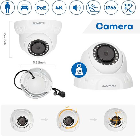 قبة كاميرا أمان ONWOTE UltraHD 4K 8MP PoE، كشف المركبات البشرية AI، 3840x2160 8 ميجابكسل، مجال رؤية 128 درجة، داخلي خارجي، صوت فيديو، 100 قدم IR، إضافة على الكاميرا إلى نظام PoE NVR in Kuwait