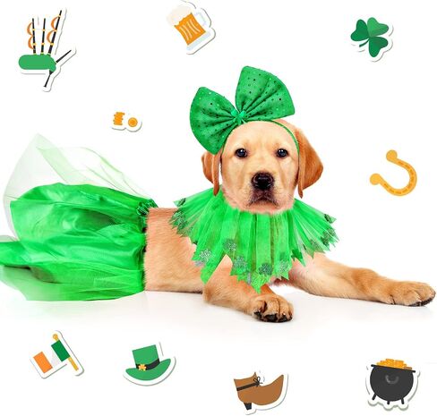 Weewooday 3 Pieces St. Patrick's Day Dog Costume Mardi Gras Girl Dog Tutu Skirt and Bowtie Headband Fancy Collar for Small Dog Costume Decorations Supplies, Green in Saudi Arabia