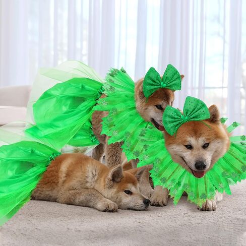 Weewooday 3 Pieces St. Patrick's Day Dog Costume Mardi Gras Girl Dog Tutu Skirt and Bowtie Headband Fancy Collar for Small Dog Costume Decorations Supplies, Green in Saudi Arabia