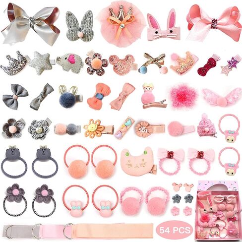 زوكون مشابك شعر وربطات شعر للاطفال، 54 قطعة من مشابك الشعر اللطيفة على شكل فيونكة، لون بينك فاتح + برتقالي + رمادي، مجانية in Kuwait