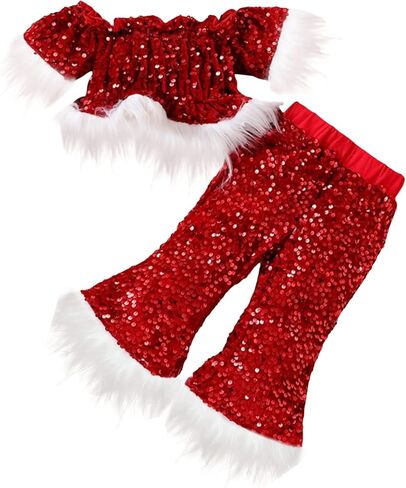 Yccutest طفل رضيع الفتيات عيد الميلاد جرس أسفل مجموعة الترتر الفراء تقليم المحاصيل السراويل متوهج عيد الميلاد الخريف الشتاء وتتسابق الملابس in Kuwait