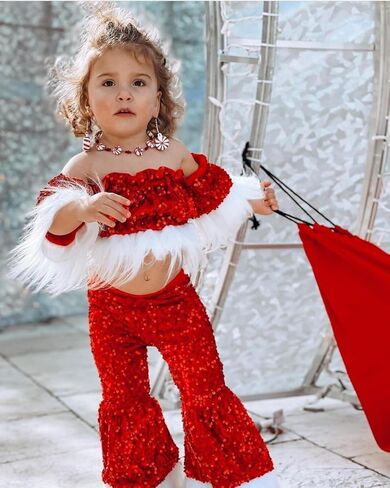 Yccutest طفل رضيع الفتيات عيد الميلاد جرس أسفل مجموعة الترتر الفراء تقليم المحاصيل السراويل متوهج عيد الميلاد الخريف الشتاء وتتسابق الملابس in Kuwait