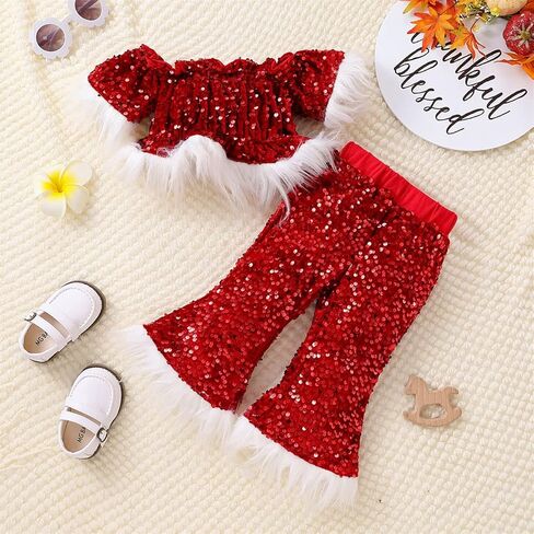 Yccutest طفل رضيع الفتيات عيد الميلاد جرس أسفل مجموعة الترتر الفراء تقليم المحاصيل السراويل متوهج عيد الميلاد الخريف الشتاء وتتسابق الملابس in Kuwait
