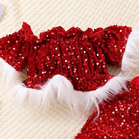 Yccutest طفل رضيع الفتيات عيد الميلاد جرس أسفل مجموعة الترتر الفراء تقليم المحاصيل السراويل متوهج عيد الميلاد الخريف الشتاء وتتسابق الملابس in Kuwait