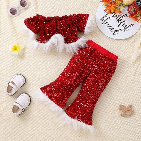 Yccutest طفل رضيع الفتيات عيد الميلاد جرس أسفل مجموعة الترتر الفراء تقليم المحاصيل السراويل متوهج عيد الميلاد الخريف الشتاء وتتسابق الملابس in Kuwait