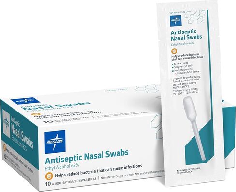 مسحات الأنف المطهرة من ميدلاين، تقلل من البكتيريا، مشبعة مسبقًا، 62% كحول إيثيلي، رائحة الكيوي اللطيفة، مغلفة بشكل فردي، 10 قطع in Kuwait