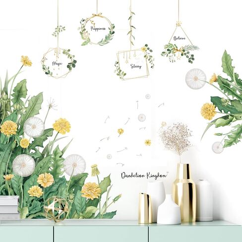 Green Leaves Wall Stickers Yellow Flower Dandelion Wall Decal Plant Floral Wall Sticker Hanging Eucalyptus Vine Wall Decals Peel and Stick Wall Art Mural for Bedroom Living Room in Saudi Arabia