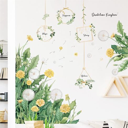 Green Leaves Wall Stickers Yellow Flower Dandelion Wall Decal Plant Floral Wall Sticker Hanging Eucalyptus Vine Wall Decals Peel and Stick Wall Art Mural for Bedroom Living Room in Saudi Arabia